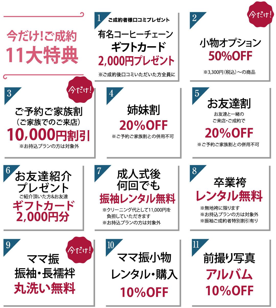神奈川県相模原市 レンタル着物の割引、家族や友人の紹介、フォトアルバムの割引、ギフトカードなど、11の特典を掲載した日本の販促チラシ。各特典は太字のカラーボックスで強調されている。.
